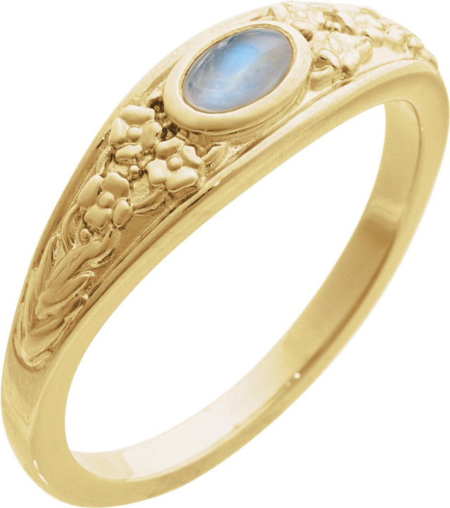14K Gold Oval Natural Moonstone Floral Cabochon Ring - Yellow Gold