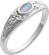 Platinum Oval Natural Moonstone Floral Cabochon Ring