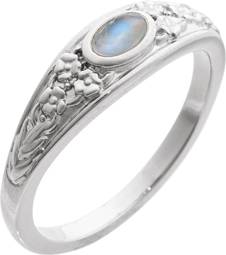 Platinum Oval Natural Moonstone Floral Cabochon Ring