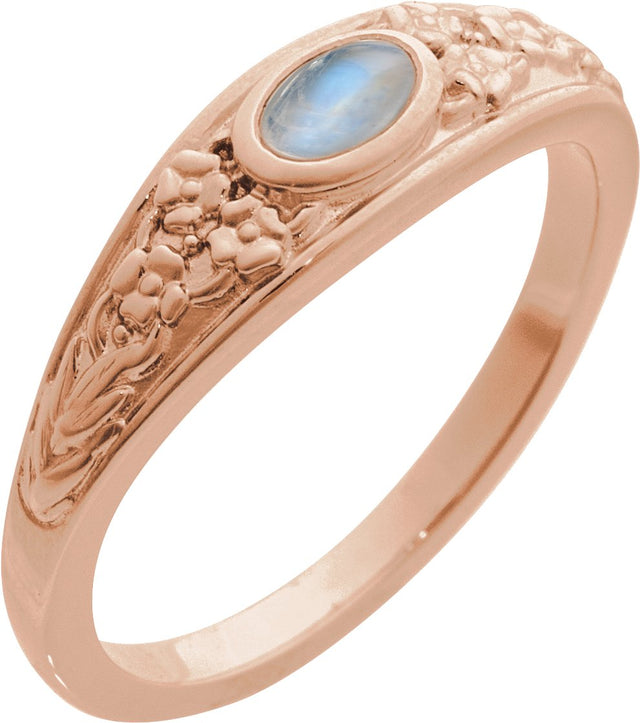 14K Gold Oval Natural Moonstone Floral Cabochon Ring - Rose Gold