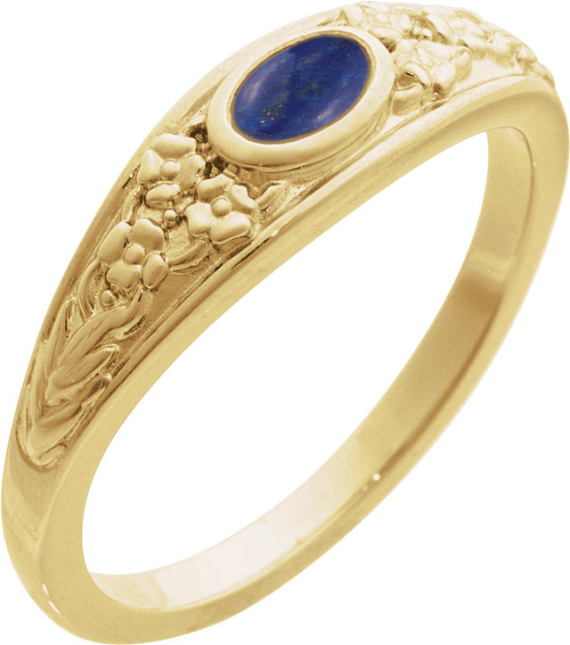 14K Gold Oval Natural Lapis Floral Cabochon Ring - Yellow Gold