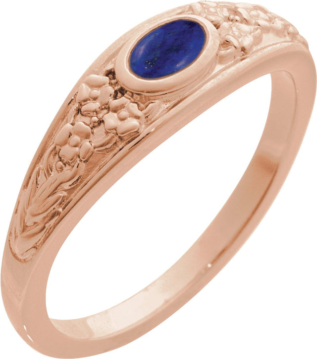 14K Gold Oval Natural Lapis Floral Cabochon Ring - Rose Gold