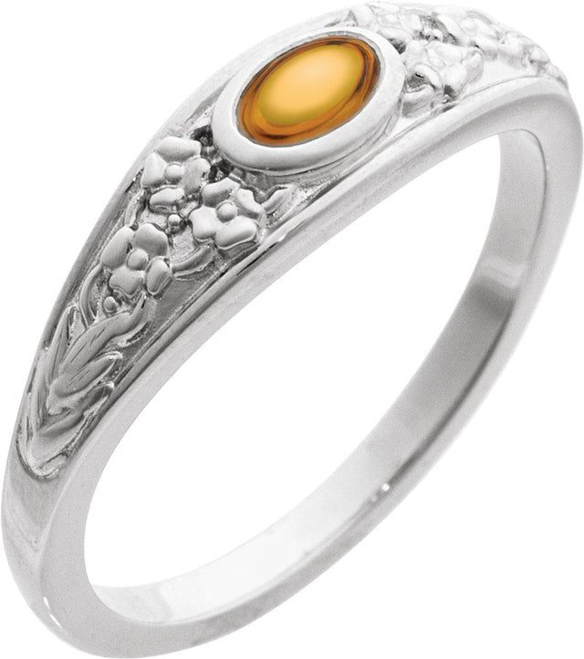 14K Gold Oval Natural Citrine Floral Cabochon Ring - White Gold