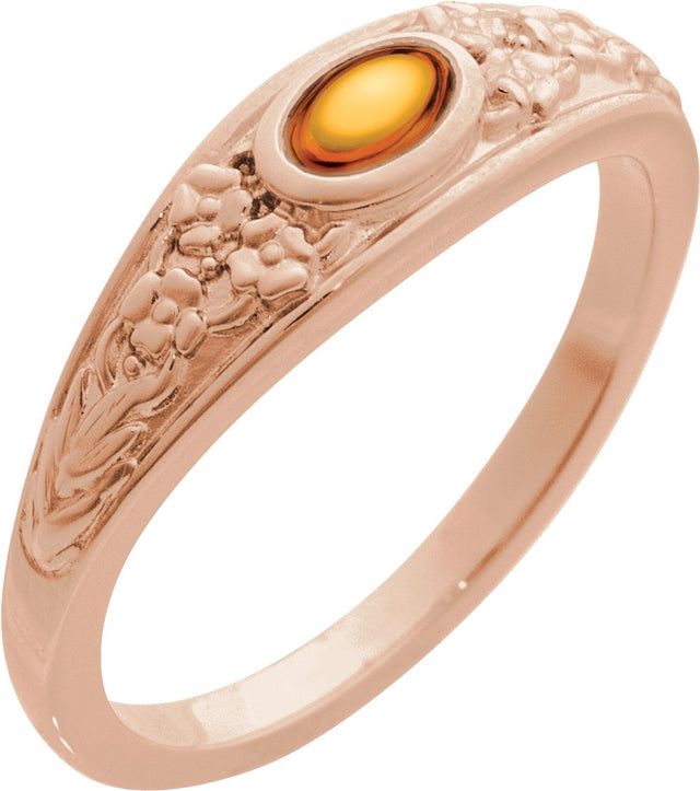 14K Gold Oval Natural Citrine Floral Cabochon Ring - Rose Gold