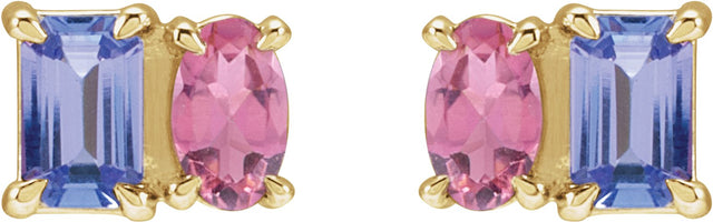 14K Gold Emerald Natural Tanzanite & Natural Pink Tourmaline Two-Stone Stud Earrings - Rose Gold - view 3