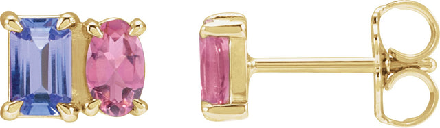 14K Gold Emerald Natural Tanzanite & Natural Pink Tourmaline Two-Stone Stud Earrings - Yellow Gold