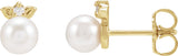 14K Gold Cultured Akoya Pearl & Natural Diamond Floral Pearl Earrings - Yellow Gold