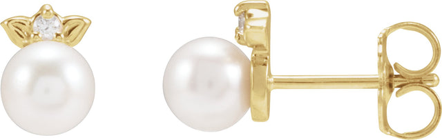 14K Gold Cultured Akoya Pearl & Natural Diamond Floral Pearl Earrings - Yellow Gold