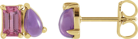 14K Gold Emerald Natural Pink Tourmaline & Natural Amethyst Two-Stone Stud Earring - Yellow Gold