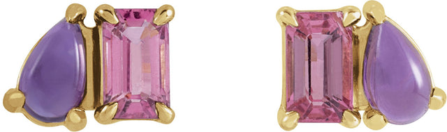 14K Gold Emerald Natural Pink Tourmaline & Natural Amethyst Two-Stone Stud Earring - Yellow Gold - view 2