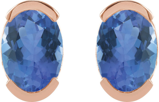 14K Gold Oval Natural Tanzanite Half-Bezel Solitaire Stud Earrings - Rose Gold - view 2