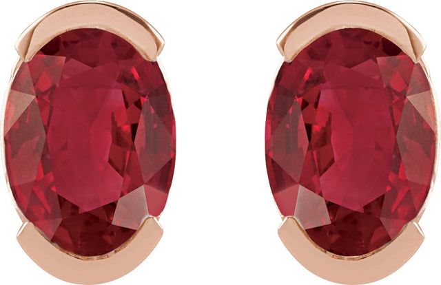 14K Gold Oval Lab-Grown Ruby Half-Bezel Solitaire Stud Earrings - Rose Gold - view 2