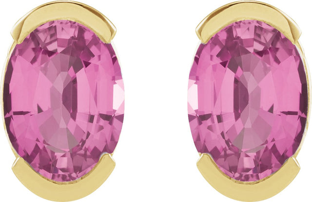 14K Gold Oval Lab-Grown Pink Sapphire Half-Bezel Solitaire Stud Earrings - Yellow Gold - view 2