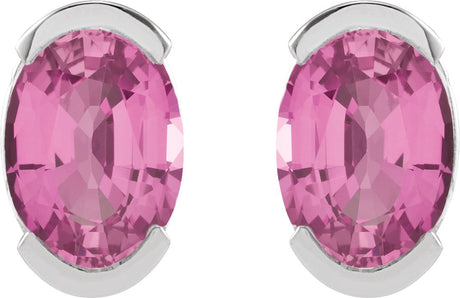 Platinum Oval Lab-Grown Pink Sapphire Half-Bezel Solitaire Stud Earrings - view 2
