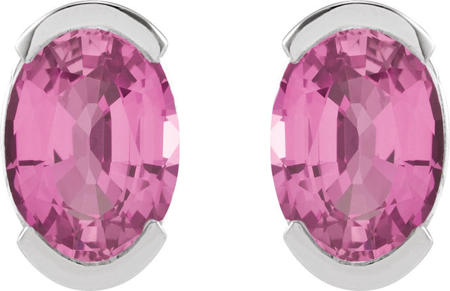 Platinum Oval Lab-Grown Pink Sapphire Half-Bezel Solitaire Stud Earrings - view 2