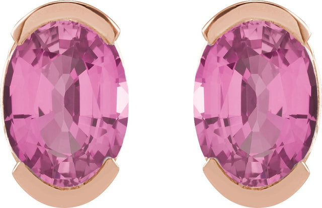 14K Gold Oval Lab-Grown Pink Sapphire Half-Bezel Solitaire Stud Earrings - Rose Gold - view 2