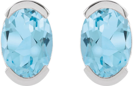 Platinum Oval Natural Sky Blue Topaz Half-Bezel Solitaire Stud Earrings - view 2