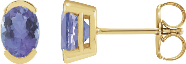 14K Gold Oval Natural Tanzanite Half-Bezel Solitaire Stud Earrings - Yellow Gold