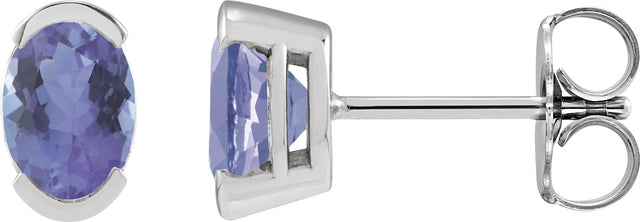 14K Gold Oval Natural Tanzanite Half-Bezel Solitaire Stud Earrings - White Gold
