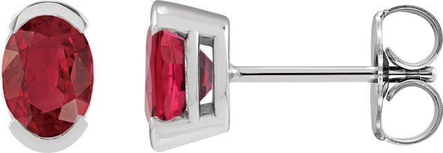 Platinum Oval Lab-Grown Ruby Half-Bezel Solitaire Stud Earrings
