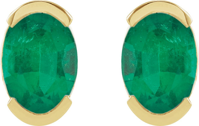 14K Gold Oval Lab-Grown Emerald Half-Bezel Solitaire Stud Earrings - Yellow Gold - view 2