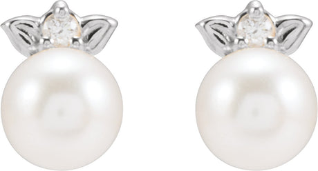 Platinum Cultured Akoya Pearl & Natural Diamond Floral Pearl Earrings - view 2