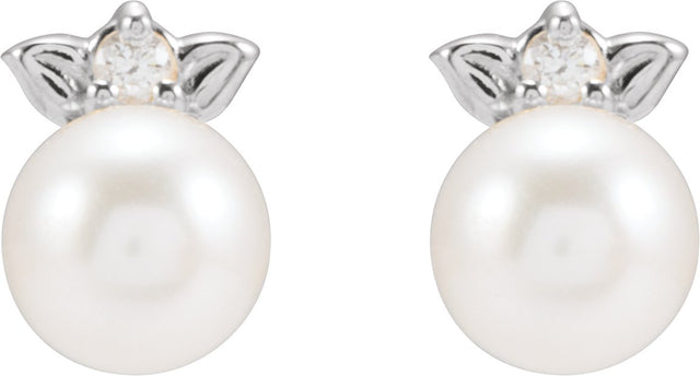 Platinum Cultured Akoya Pearl & Natural Diamond Floral Pearl Earrings - view 2
