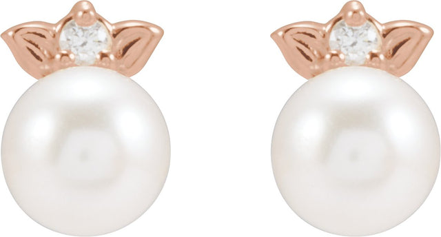 14K Gold Cultured Akoya Pearl & Natural Diamond Floral Pearl Earrings - Rose Gold - view 2