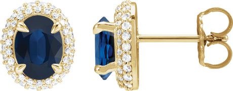 14K Gold Natural Blue Sapphire & Natural Diamond Oval 4-Claw Prong Pre-Notched Halo-Style Earrings - Yellow Gold