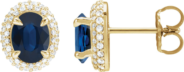 14K Gold Natural Blue Sapphire & Natural Diamond Oval 4-Claw Prong Pre-Notched Halo-Style Earrings - Yellow Gold