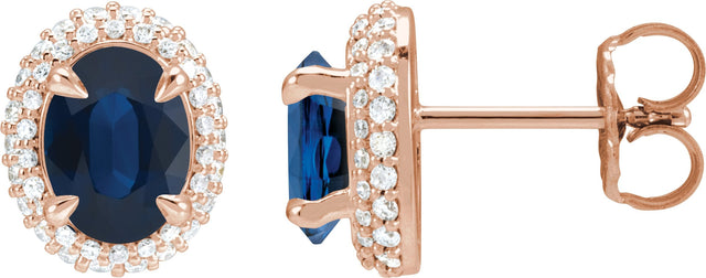 14K Gold Lab-Grown Blue Sapphire & Lab-Grown Diamond Oval 4-Claw Prong Pre-Notched Halo-Style Earrings - Rose Gold