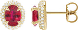 14K Gold Lab-Grown Ruby & Lab-Grown Diamond Oval 4-Claw Prong Pre-Notched Halo-Style Earrings - Yellow Gold