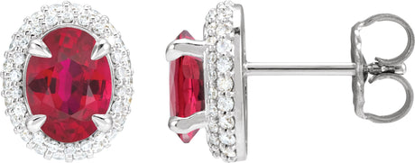 14K Gold Lab-Grown Ruby & Lab-Grown Diamond Oval 4-Claw Prong Pre-Notched Halo-Style Earrings - White Gold