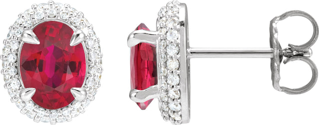 14K Gold Lab-Grown Ruby & Lab-Grown Diamond Oval 4-Claw Prong Pre-Notched Halo-Style Earrings - White Gold