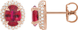 14K Gold Lab-Grown Ruby & Lab-Grown Diamond Oval 4-Claw Prong Pre-Notched Halo-Style Earrings - Rose Gold