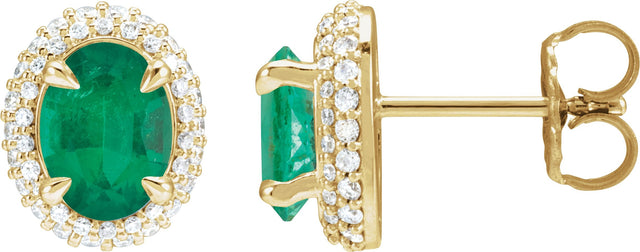 14K Gold Lab-Grown Emerald & Lab-Grown Diamond Oval 4-Claw Prong Pre-Notched Halo-Style Earrings - Yellow Gold