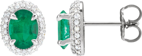 14K Gold Natural Emerald & Natural Diamond Oval 4-Claw Prong Pre-Notched Halo-Style Earrings - White Gold