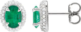 14K Gold Lab-Grown Emerald & Lab-Grown Diamond Oval 4-Claw Prong Pre-Notched Halo-Style Earrings - White Gold