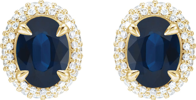 14K Gold Natural Blue Sapphire & Natural Diamond Oval 4-Claw Prong Pre-Notched Halo-Style Earrings - Yellow Gold - view 2