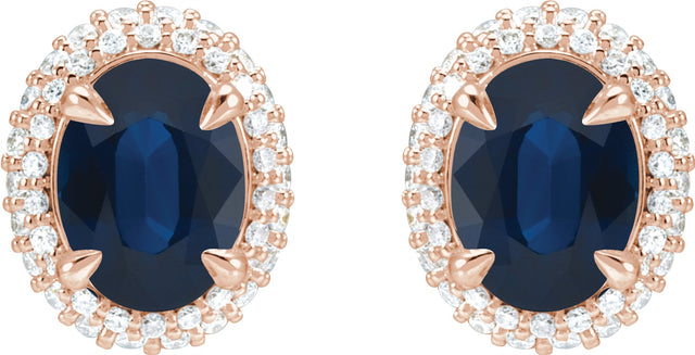 14K Gold Lab-Grown Blue Sapphire & Lab-Grown Diamond Oval 4-Claw Prong Pre-Notched Halo-Style Earrings - Rose Gold - view 2