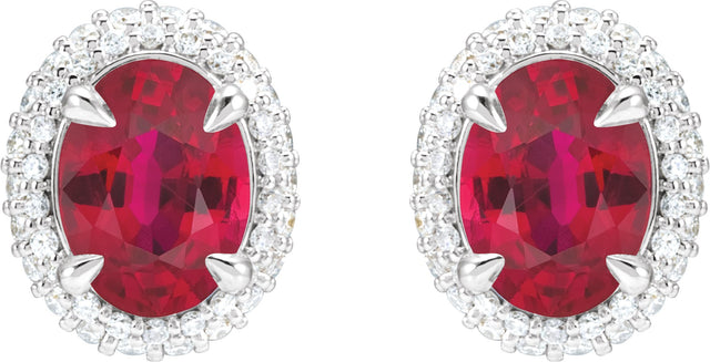 14K Gold Lab-Grown Ruby & Lab-Grown Diamond Oval 4-Claw Prong Pre-Notched Halo-Style Earrings - White Gold - view 2