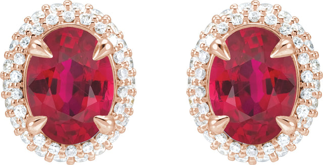 14K Gold Lab-Grown Ruby & Lab-Grown Diamond Oval 4-Claw Prong Pre-Notched Halo-Style Earrings - Rose Gold - view 2