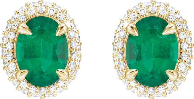 14K Gold Natural Emerald & Natural Diamond Oval 4-Claw Prong Pre-Notched Halo-Style Earrings - Yellow Gold - view 2