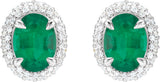 14K Gold Natural Emerald & Natural Diamond Oval 4-Claw Prong Pre-Notched Halo-Style Earrings - White Gold - view 2