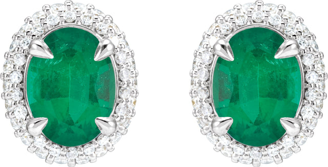 14K Gold Lab-Grown Emerald & Lab-Grown Diamond Oval 4-Claw Prong Pre-Notched Halo-Style Earrings - White Gold - view 2
