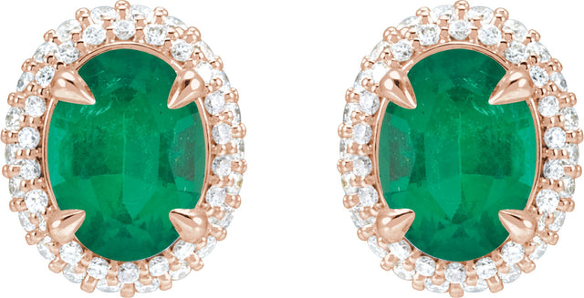 14K Gold Lab-Grown Emerald & Lab-Grown Diamond Oval 4-Claw Prong Pre-Notched Halo-Style Earrings - Rose Gold - view 2