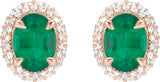 14K Gold Natural Emerald & Natural Diamond Oval 4-Claw Prong Pre-Notched Halo-Style Earrings - Rose Gold - view 2