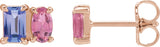 14K Gold Emerald Natural Tanzanite & Natural Pink Tourmaline Two-Stone Stud Earrings - Rose Gold