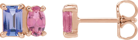 14K Gold Emerald Natural Tanzanite & Natural Pink Tourmaline Two-Stone Stud Earrings - Rose Gold