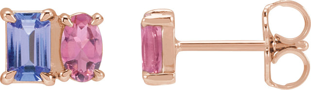 14K Gold Emerald Natural Tanzanite & Natural Pink Tourmaline Two-Stone Stud Earrings - Rose Gold